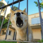 Control de ladridos de perro – perro amarillo ladra desde una reja frente a su casa.