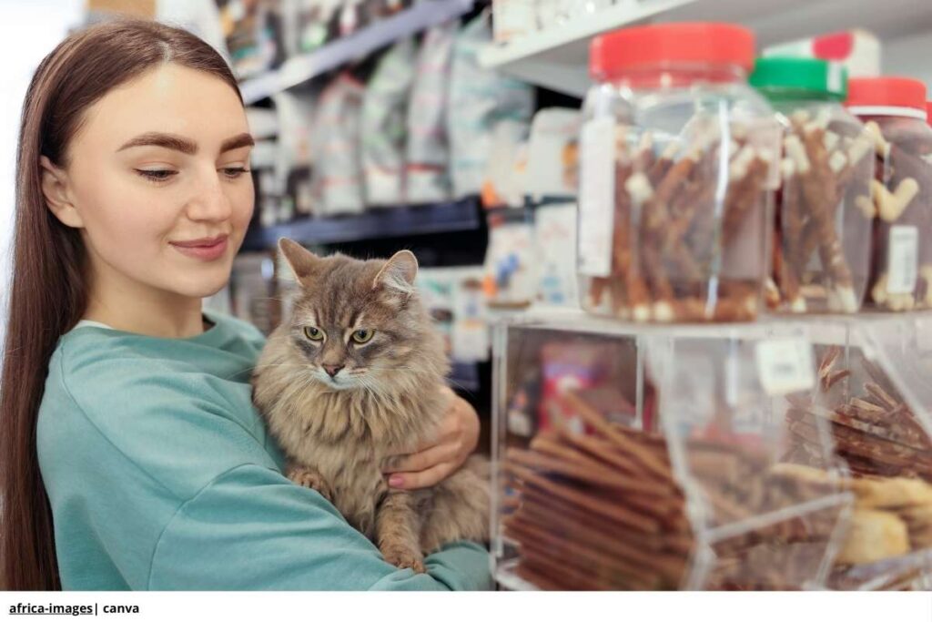 dueño de gato con compras de mascota