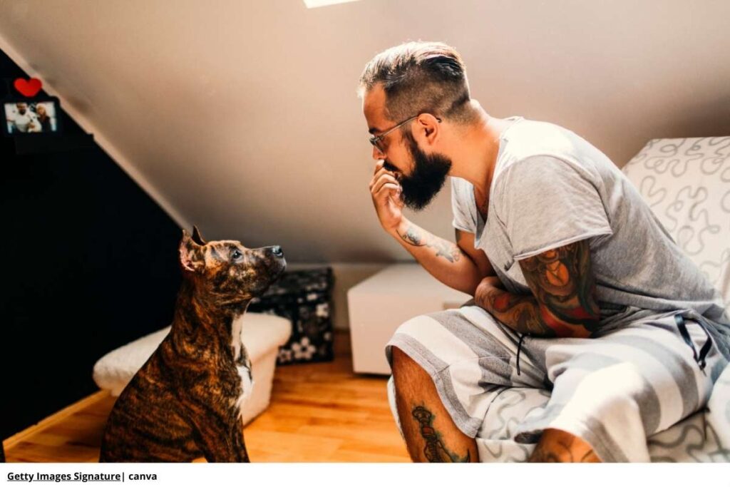 dueño hablando con su perro