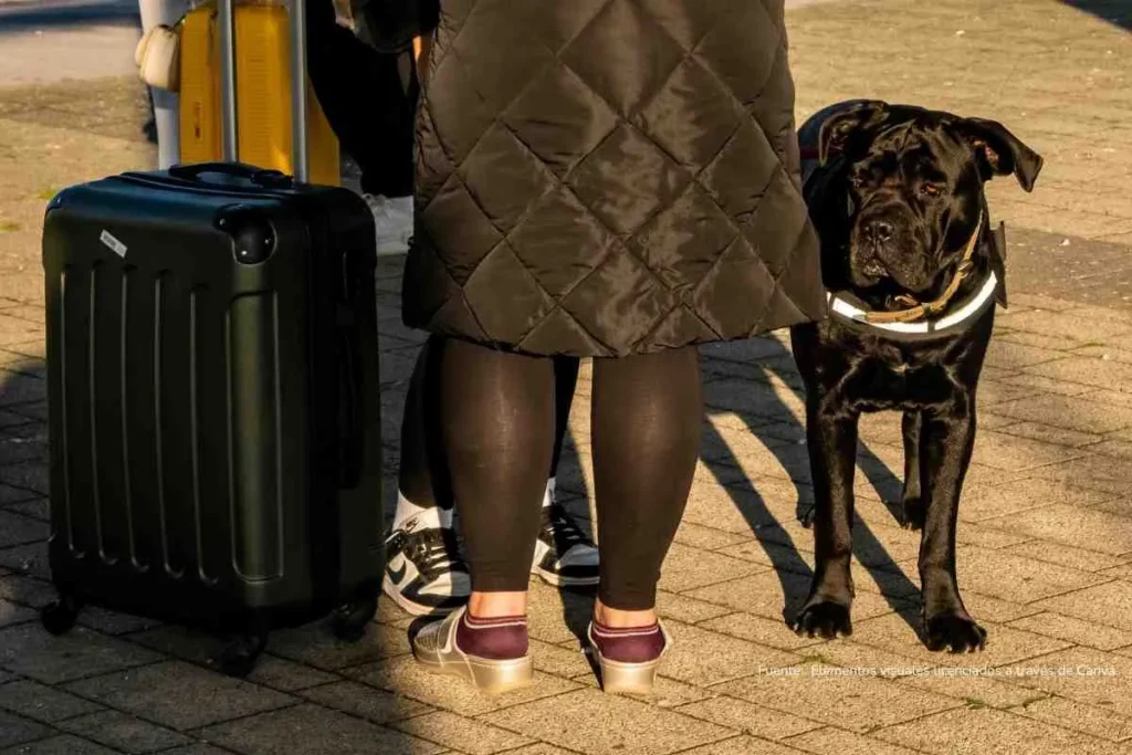 Imagen de primer plano, señora de espaldas con maletas de viaje y un perro